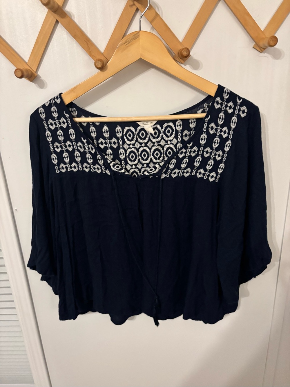 Aeropostale Embroidered Navy Women’s Peasant Top - Lightweight Boho Style